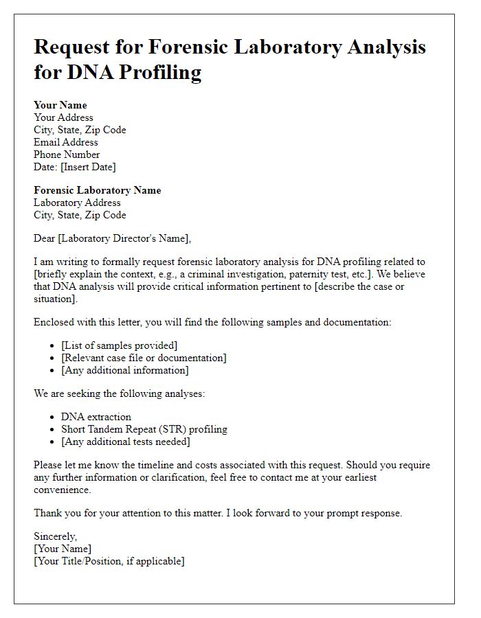 Letter template of request for forensic laboratory analysis for DNA profiling