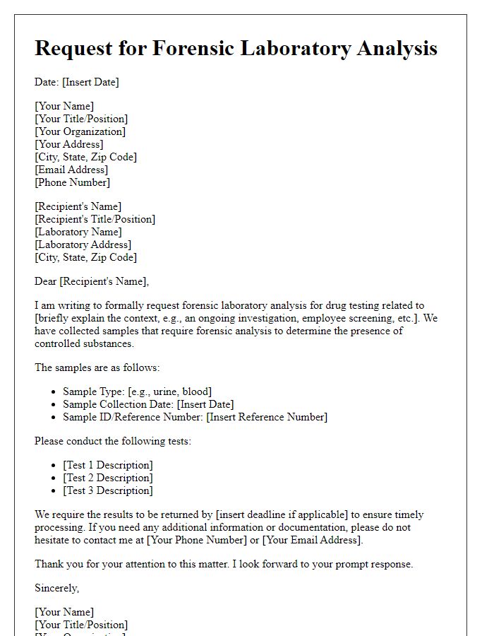 Letter template of request for forensic laboratory analysis for drug testing