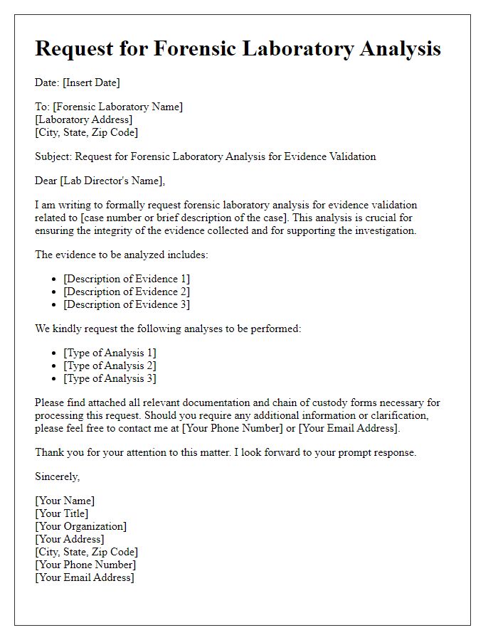 Letter template of request for forensic laboratory analysis for evidence validation