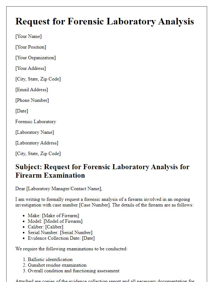 Letter template of request for forensic laboratory analysis for firearm examination