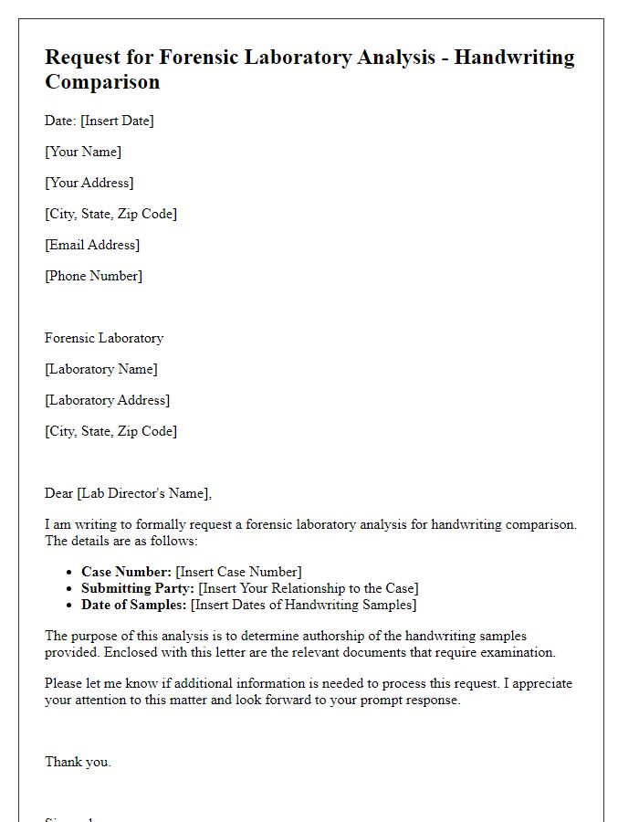 Letter template of request for forensic laboratory analysis for handwriting comparison