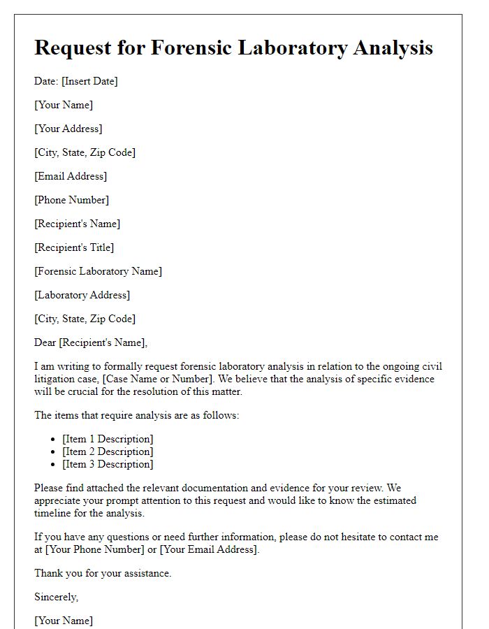 Letter template of request for forensic laboratory analysis in civil litigation