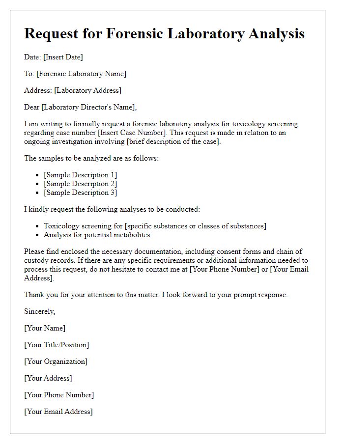 Letter template of request for forensic laboratory analysis for toxicology screening