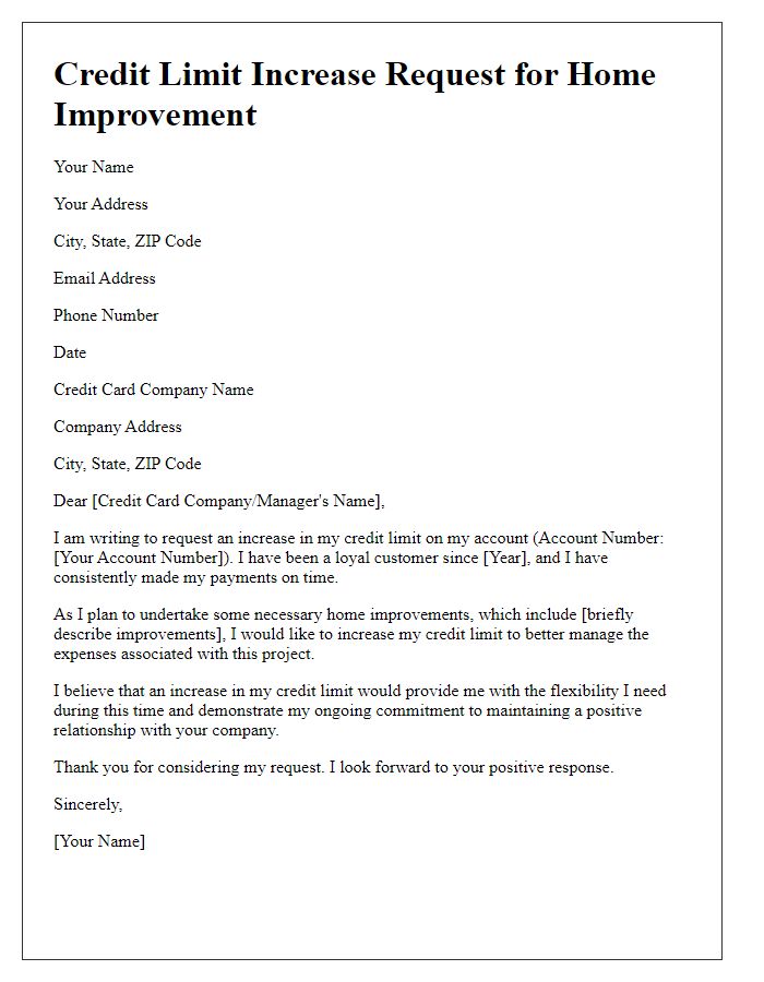 Letter template of credit limit increase request for home improvement.