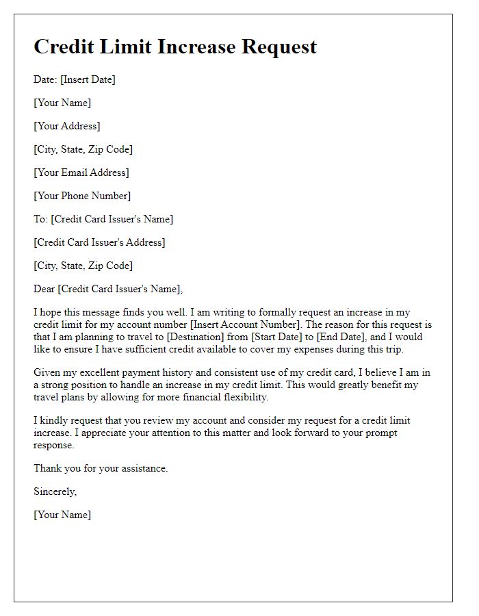 Letter template of credit limit increase request for travel purposes.