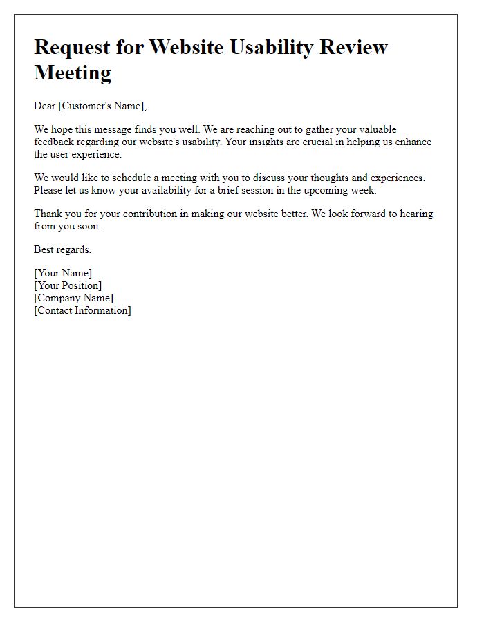 Letter template of customer feedback meeting request for website usability review.