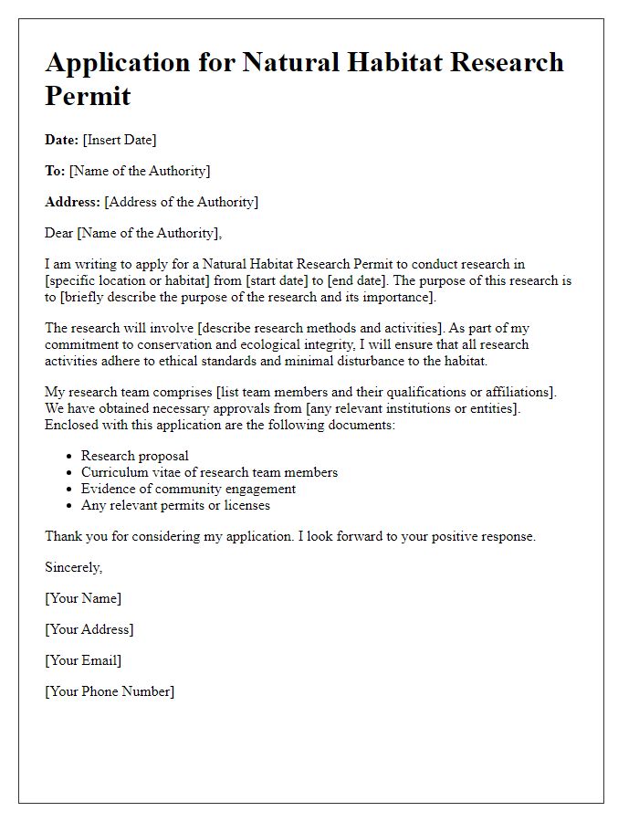 Letter template of Application for Natural Habitat Research Permit