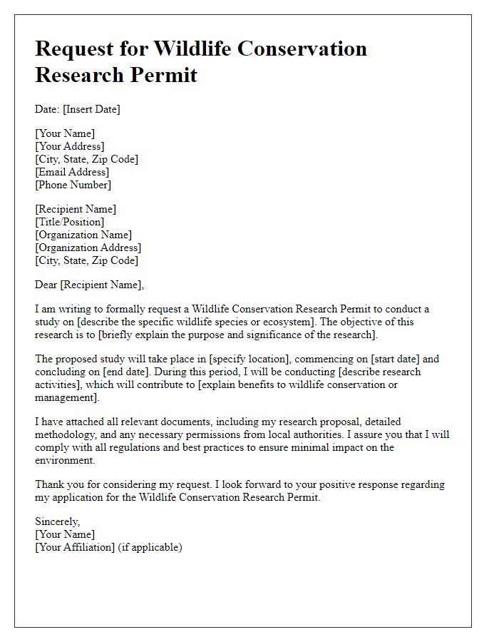 Letter template of Formal Request for Wildlife Conservation Research Permit