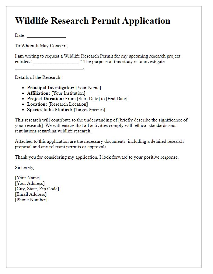 Letter template of Wildlife Research Permit Application