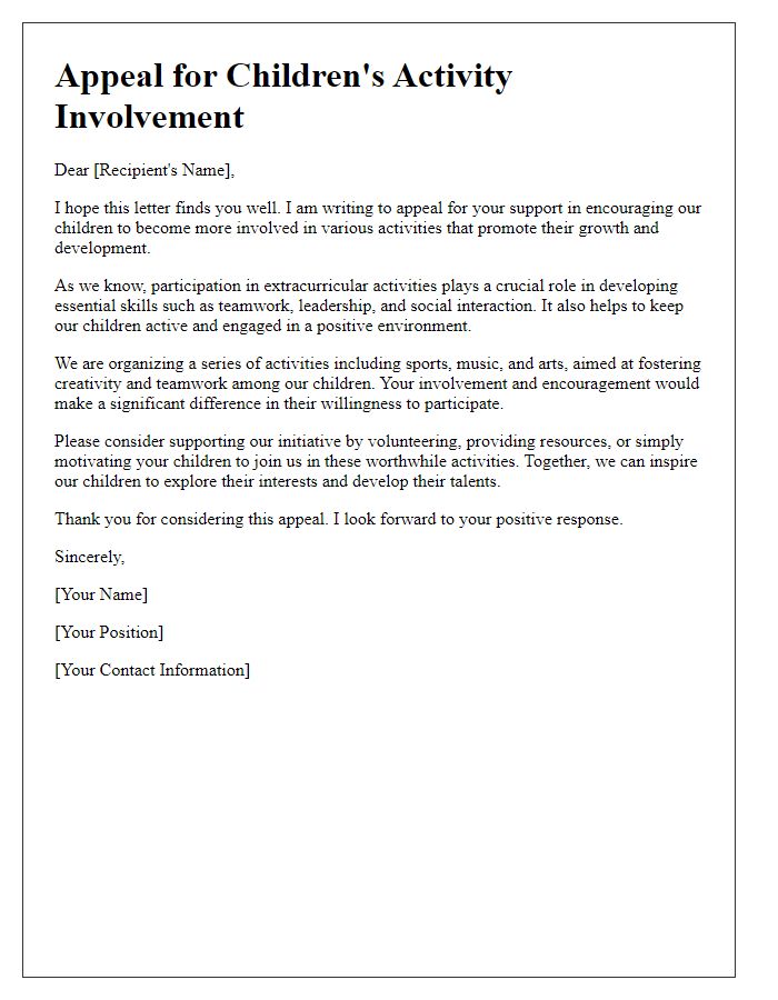 Letter template of appeal for children's activity involvement