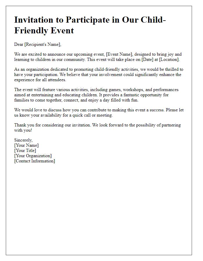 Letter template of outreach for child-friendly event participation