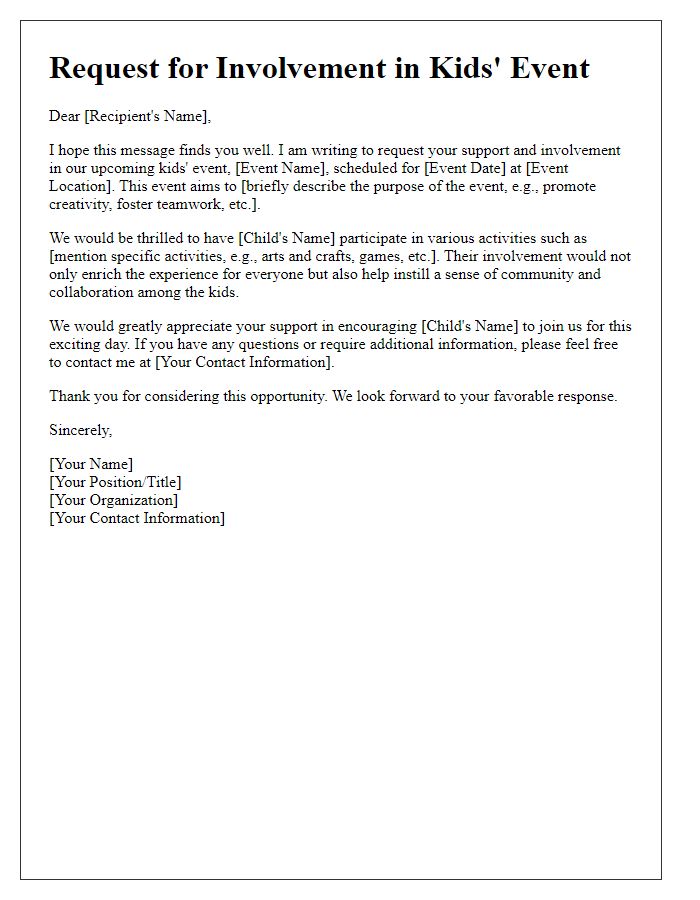 Letter template of request for kids' event involvement