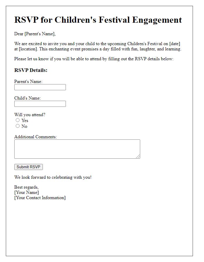 Letter template of RSVP for children's festival engagement