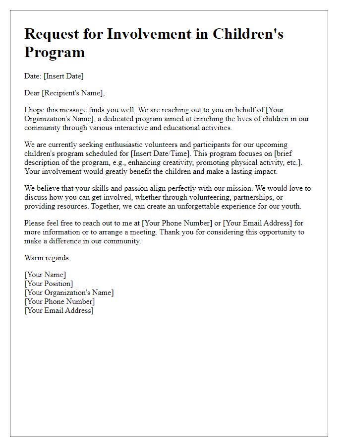 Letter template of solicitation for children's program involvement