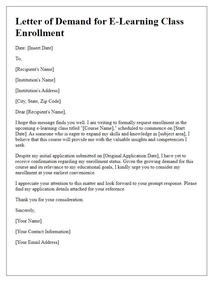 Letter template of demand for e-learning class enrollment