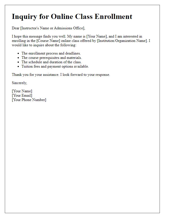 Letter template of inquiry for online class enrollment