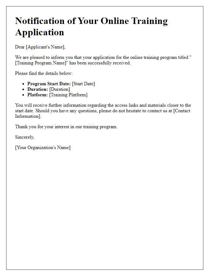 Letter template of notification for online training application