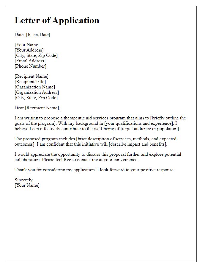 Letter template of application for therapeutic aid services proposal