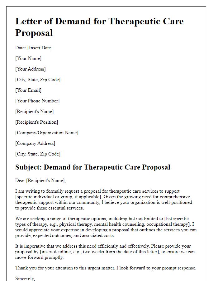 Letter template of demand for therapeutic care proposal