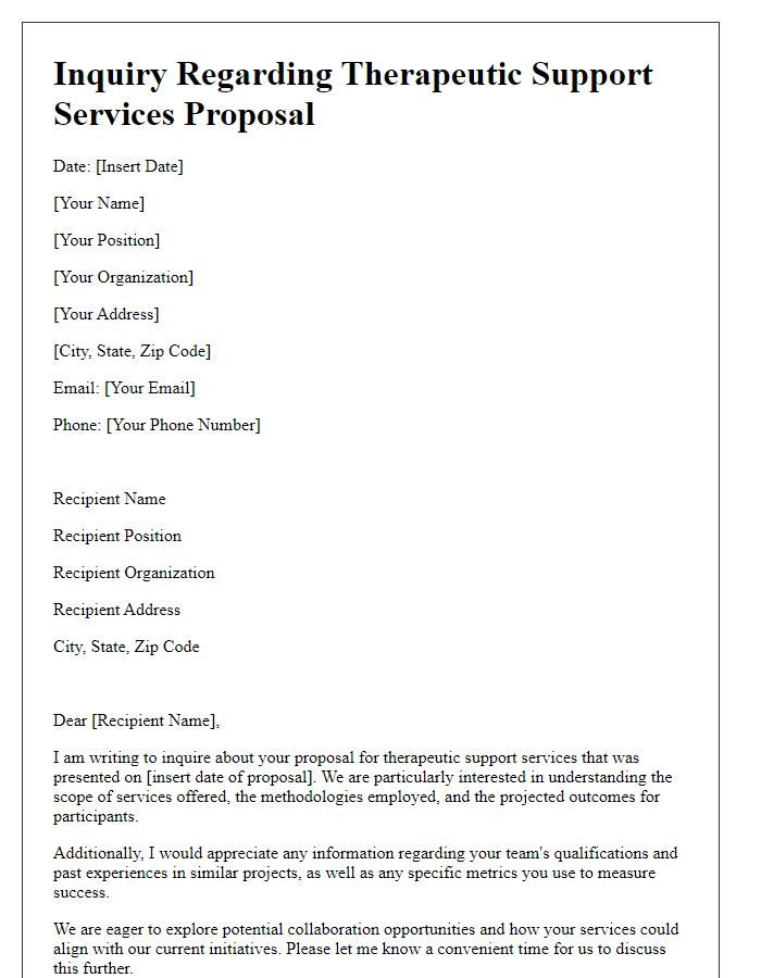 Letter template of inquiry regarding therapeutic support services proposal