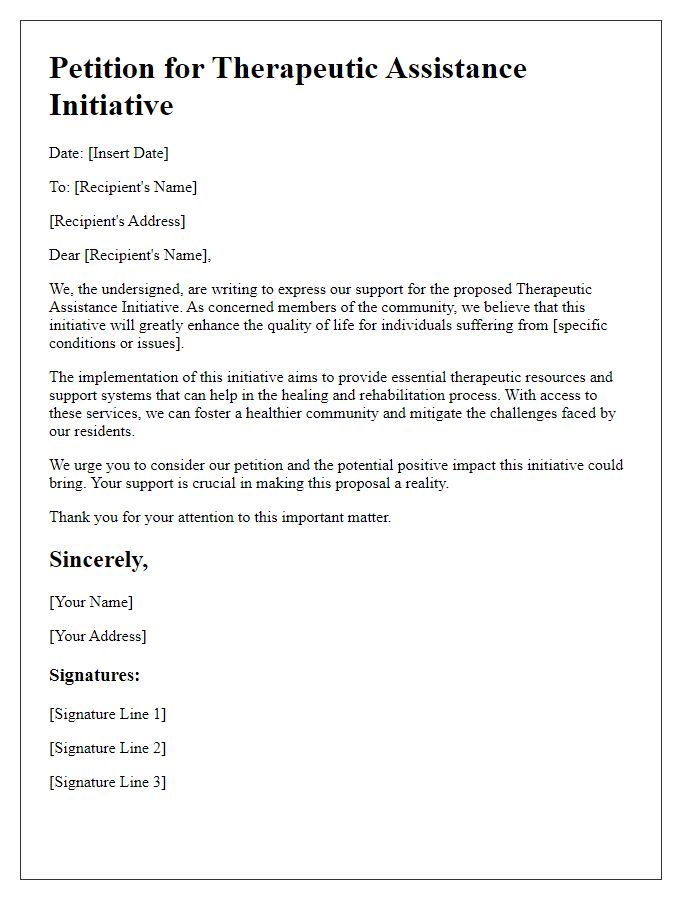 Letter template of petition for therapeutic assistance initiative proposal