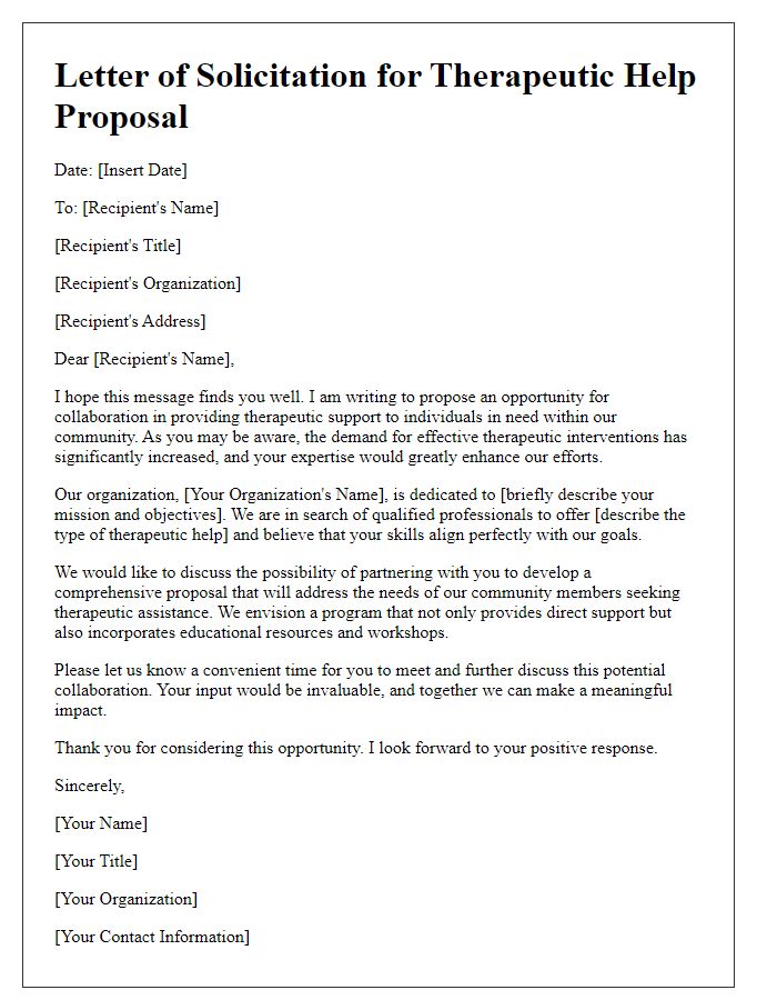 Letter template of solicitation for therapeutic help proposal