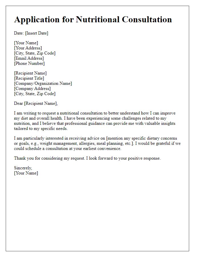 Letter template of application for a nutritional consultation