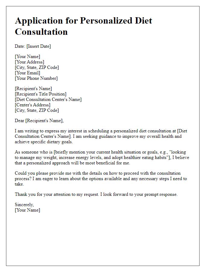 Letter template of application for a personalized diet consultation