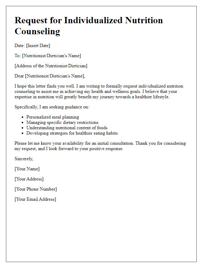 Letter template of request for individualized nutrition counseling