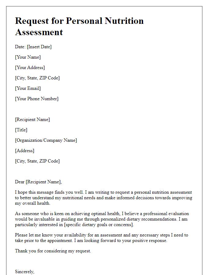 Letter template of request for a personal nutrition assessment