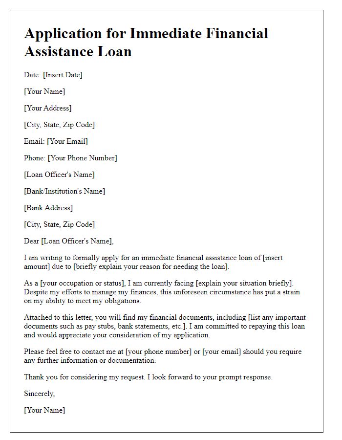 Letter template of immediate financial assistance loan application.