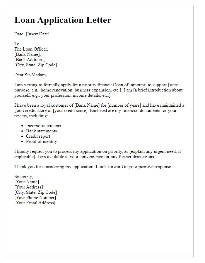 Letter template of priority financial loan application.