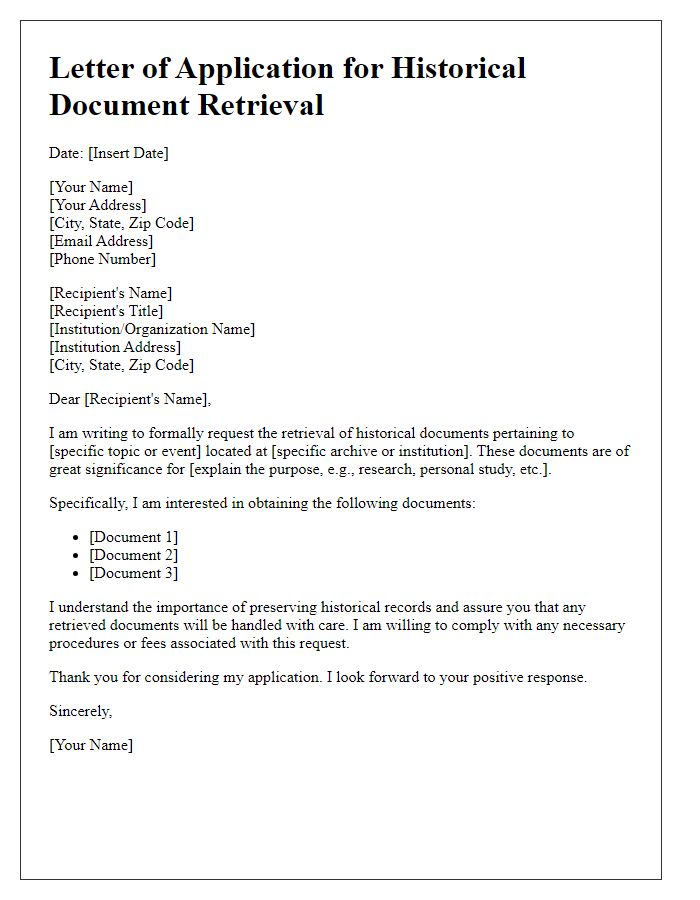 Letter template of application for historical document retrieval