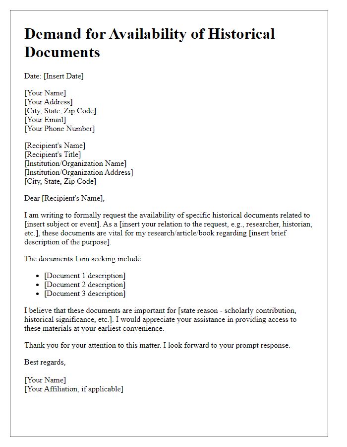 Letter template of demand for historical document availability