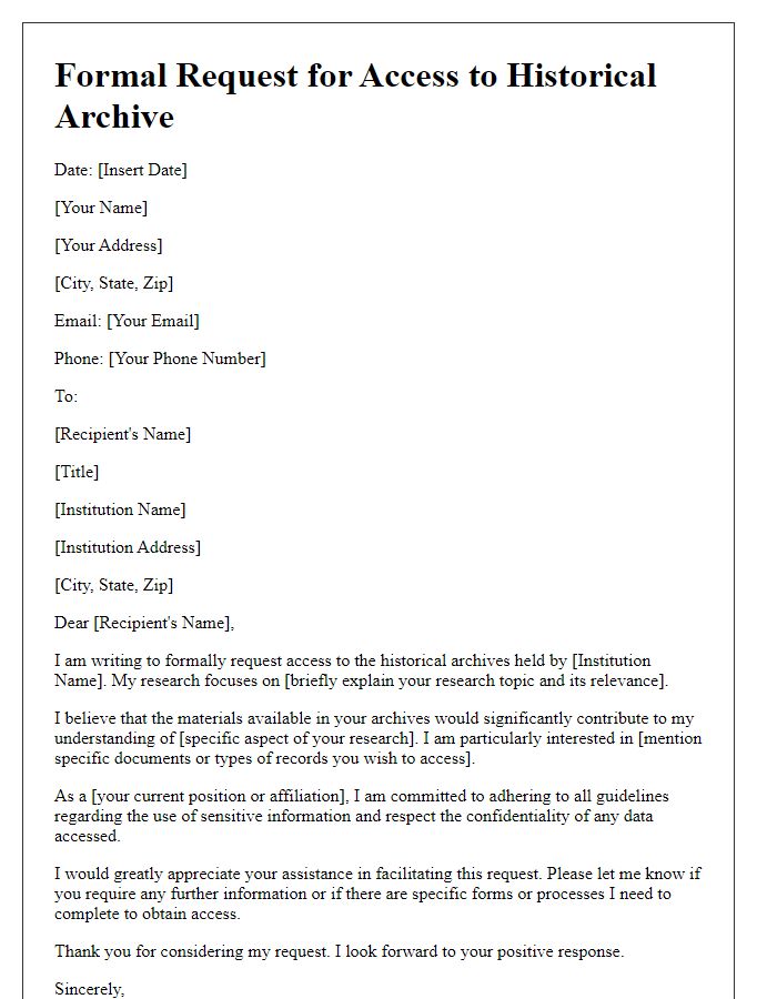 Letter template of formal request for historical archive access