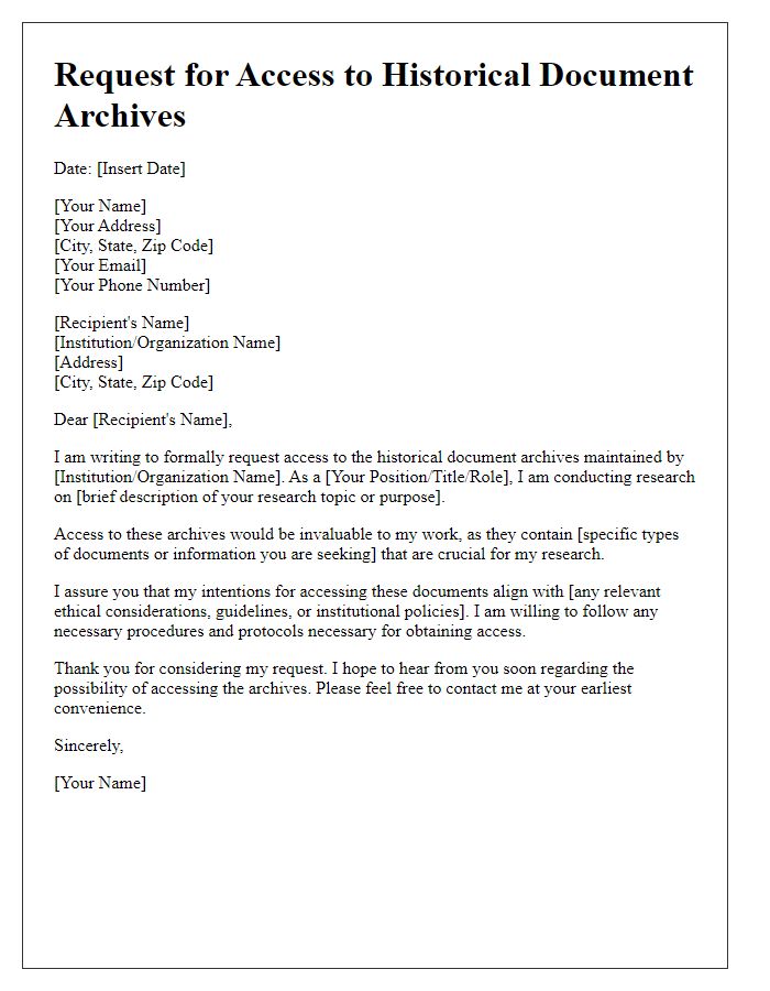 Letter template of request for access to historical document archives