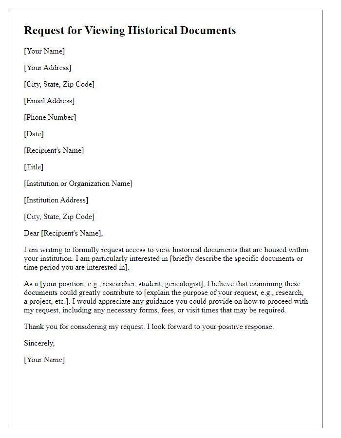 Letter template of request for viewing historical documents
