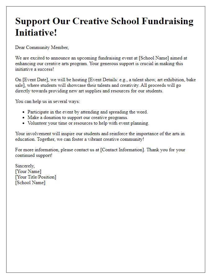 Letter template of a creative school fundraising initiative for community members.