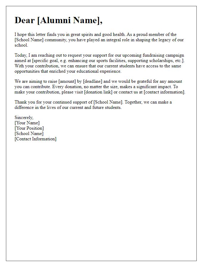 Letter template of a direct school fundraising request to alumni.