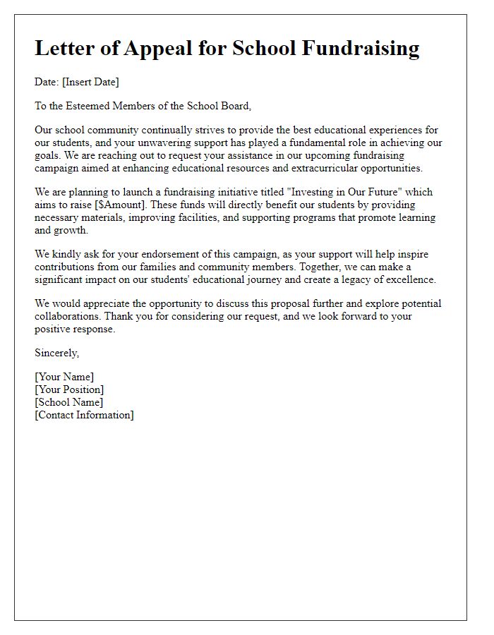 Letter template of a formal school fundraising appeal to the school board.