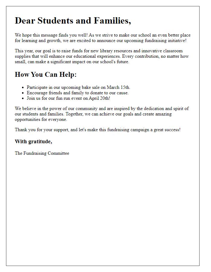 Letter template of an inspiring school fundraising message for student participation.