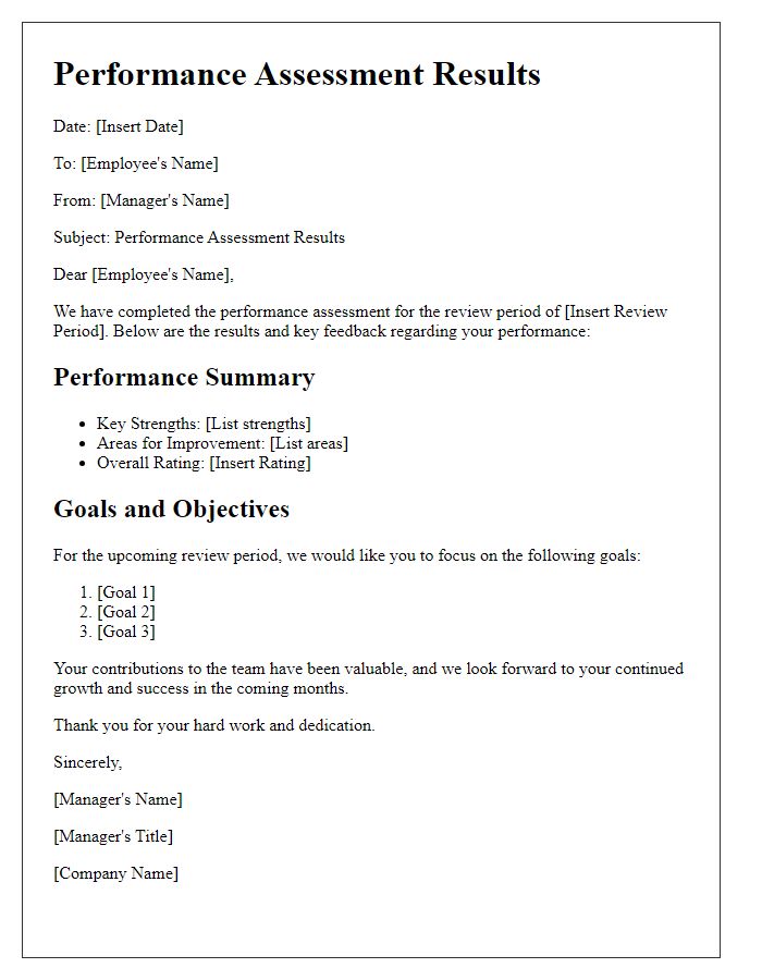 Letter template of performance assessment results