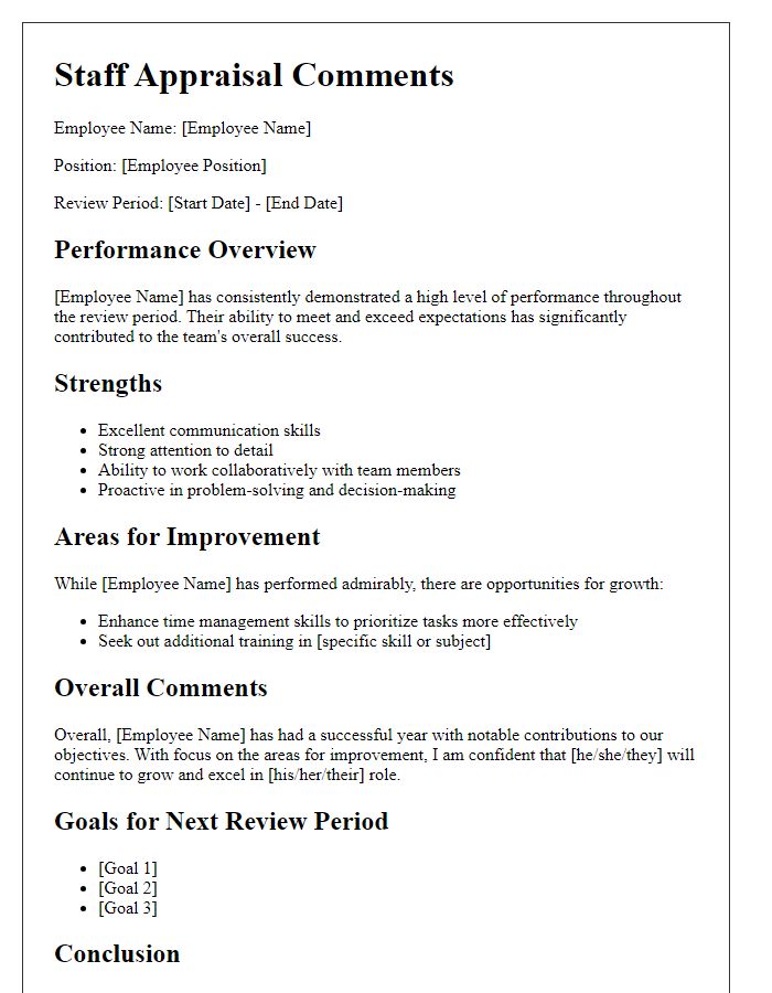 Letter template of staff appraisal comments