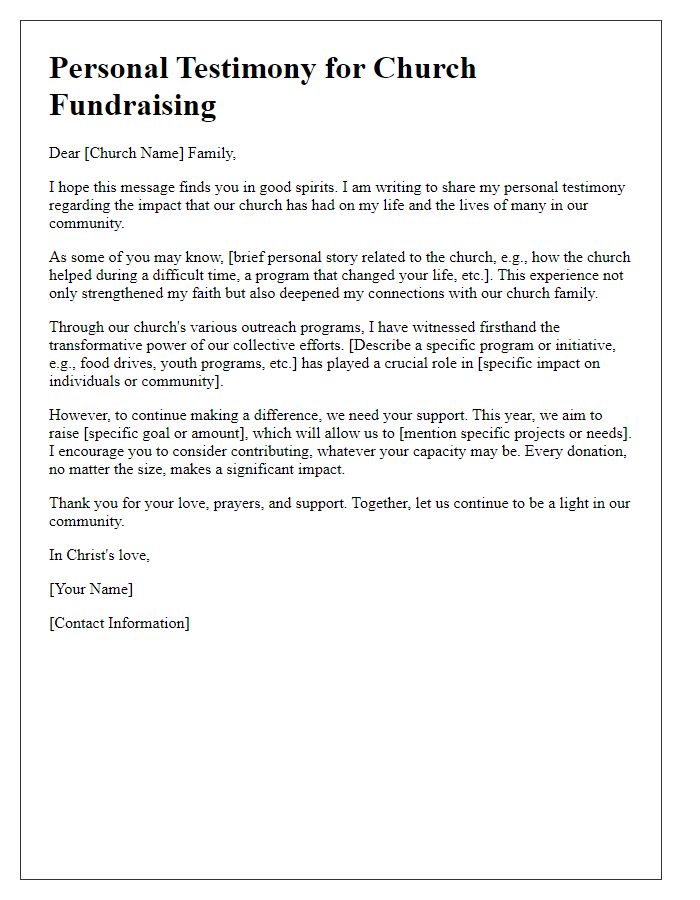 Letter template of personal testimony for church fundraising impact.