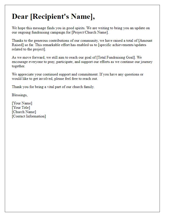 Letter template of progress update for church fundraising campaign.