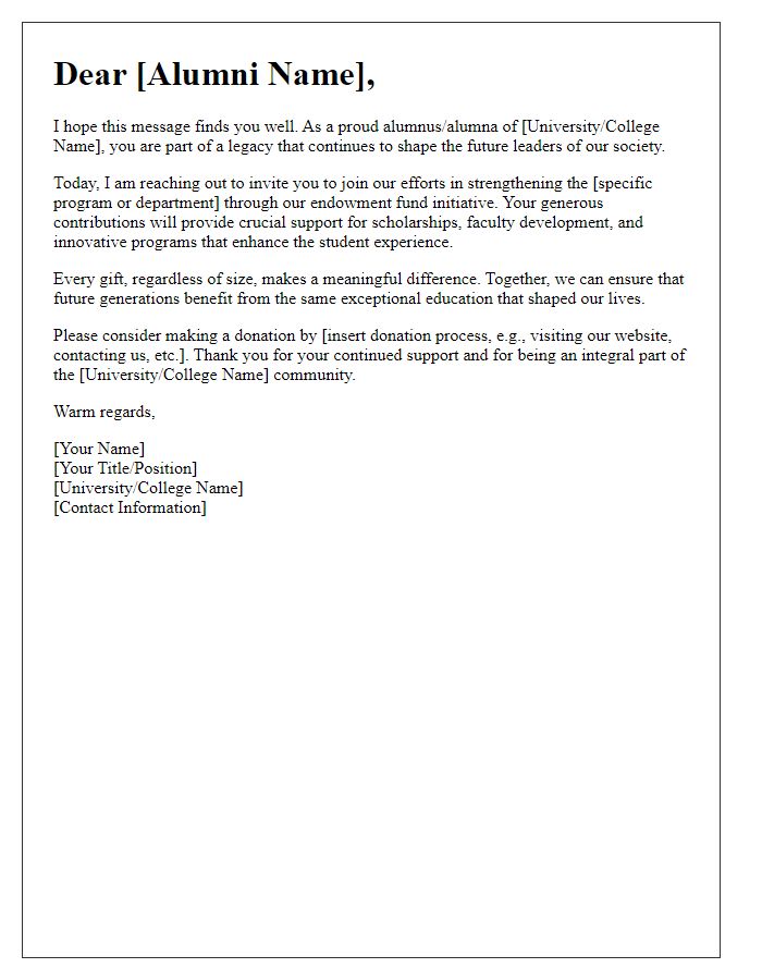 Letter template of alumni fundraising effort for endowment funds.