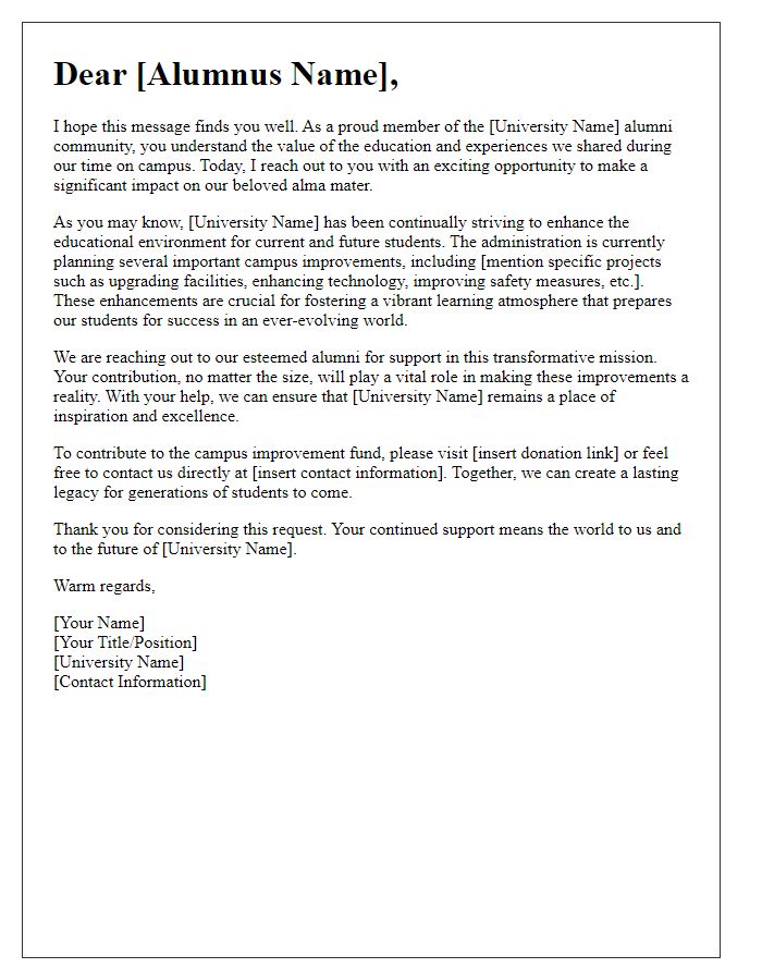 Letter template of alumni fundraising request for campus improvements.