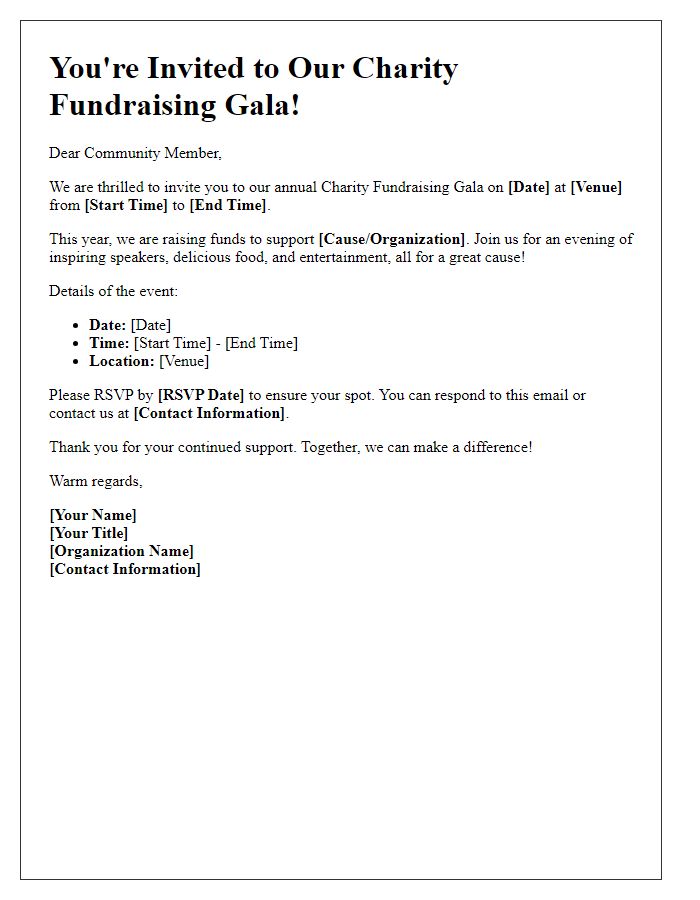 Letter template of community outreach invitation for charity fundraising gala.