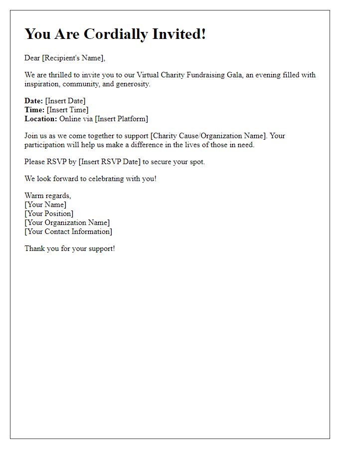 Letter template of digital invitation for virtual charity fundraising gala.