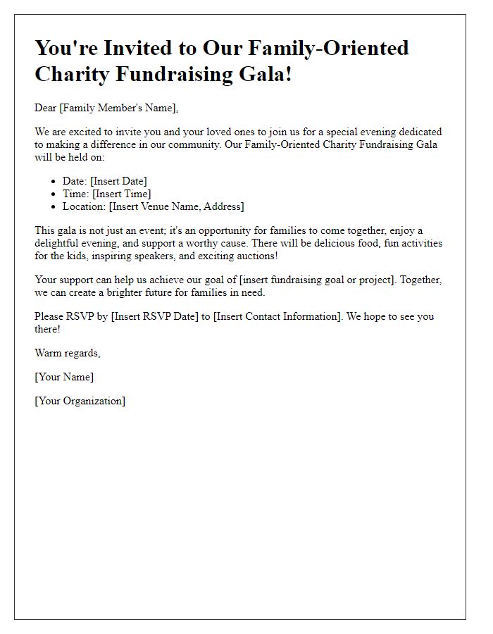 Letter template of family-oriented invitation for charity fundraising gala.